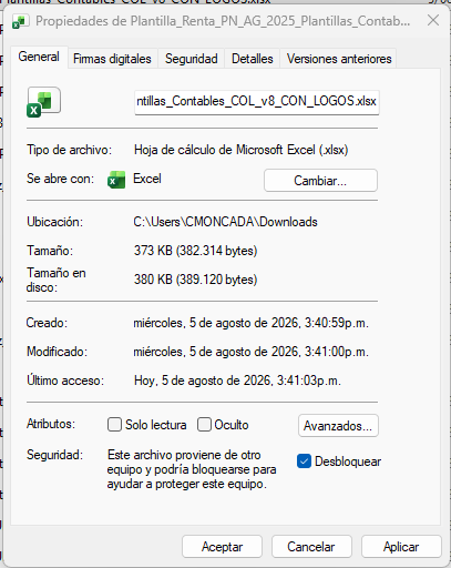 Propiedades de Windows con la casilla Desbloquear marcada