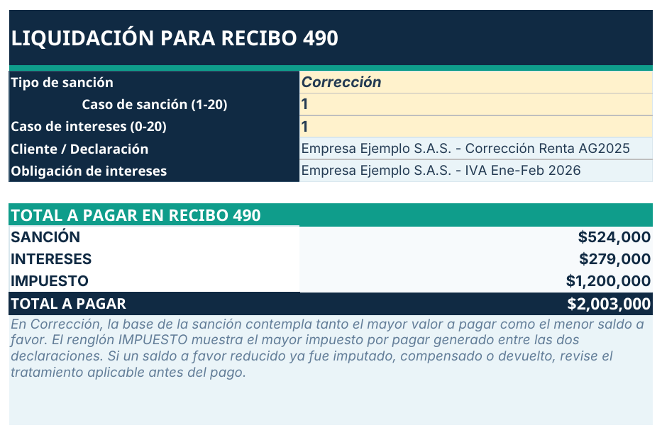 Vista previa del Recibo 490 del Liquidador PCCOL con sanción, intereses, impuesto y total a pagar